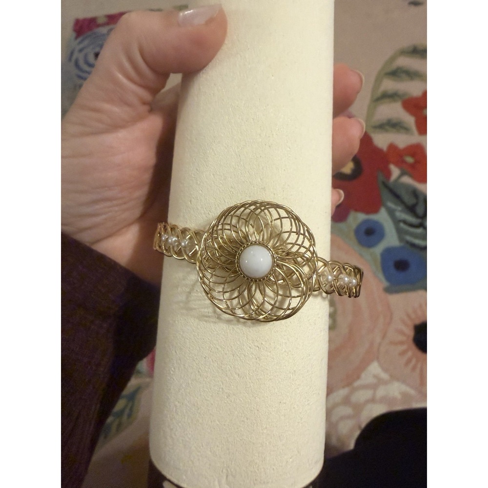 Gold Tone Wire Mesh Flower Cuff Bracelet White Cabochon Faux Pearl Accents‎